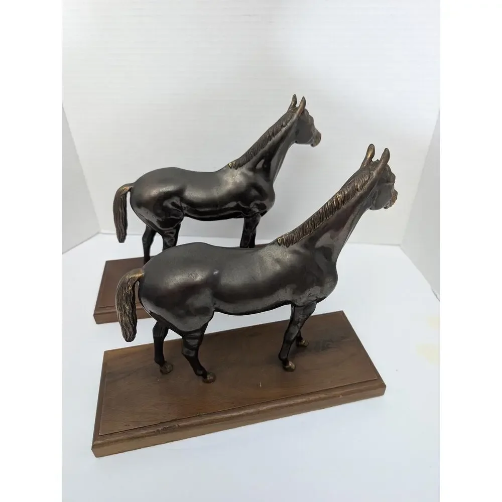 Pair Vintage Metal Horse Bookends Wood Base Equestrian Decor